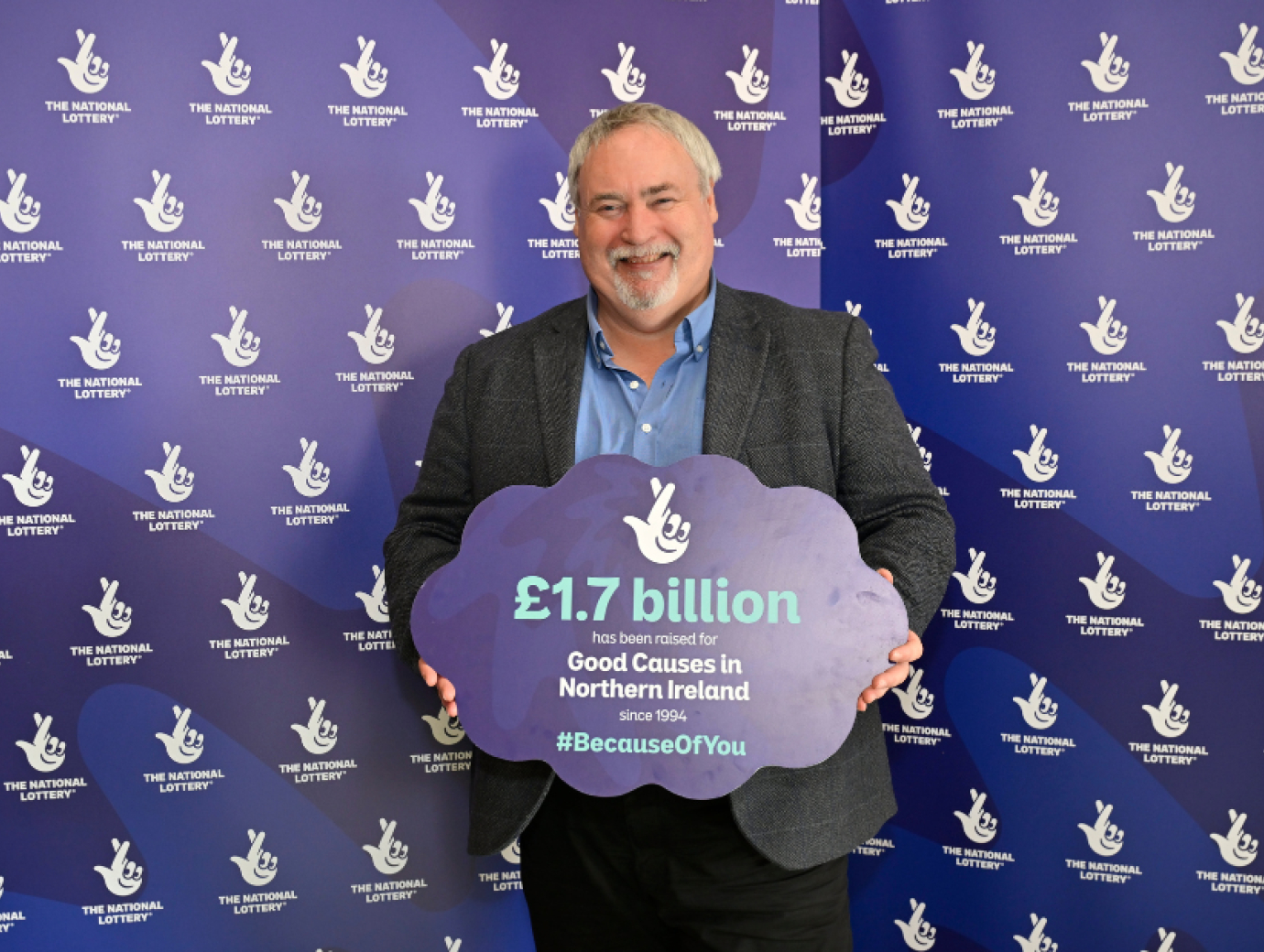 A man standing in front of a blue screen holding a sign about National Lottery funding