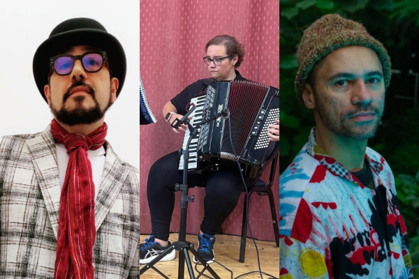 A composite photograph of three people, side by side - a wearing a bowler hat and glasses, a woman playing the accordion and a man in a tropical coloured shirt.