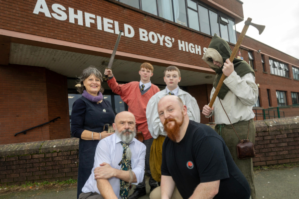 Pictured (L-R) are Marie O’Donoghue, Education Authority, Cliff McDuff Head of Politics, Ashfield Boys High School, Rob Crawford, artist, with pupils, Leon Carroll, Kalin Magill and Kai McFerran.
