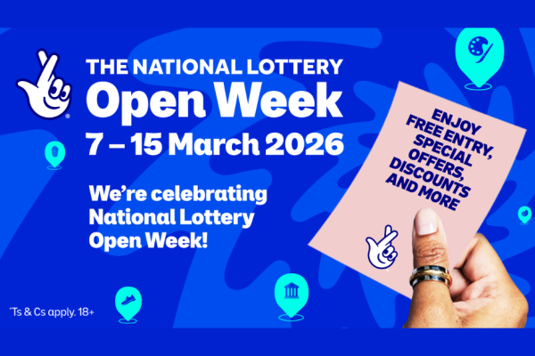 Blue image with the National Lottery logo, a hand holding a National Lottery ticket and the text 'We're celebrating National Lottery Open Week'
