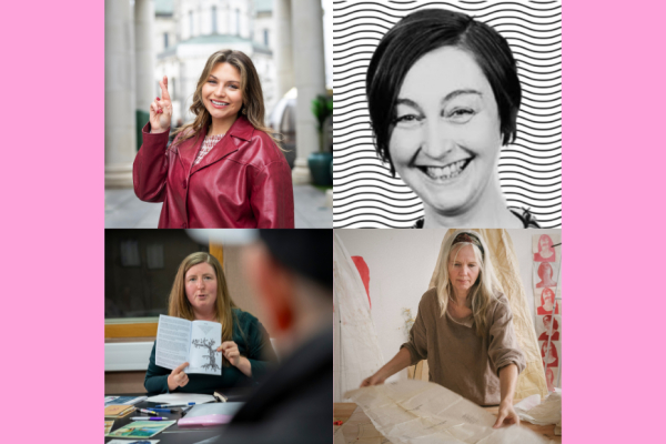 Four female headshots with a pink background.