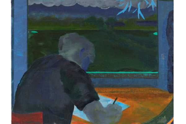 Oil painting of a person seated at a desk, infront of a window, writing or drawing.