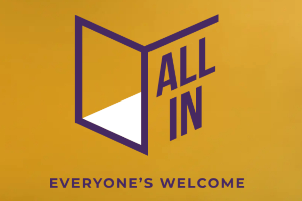 graphic showing a gold background, purple open doorway and text saying All In, Everyone Welcome