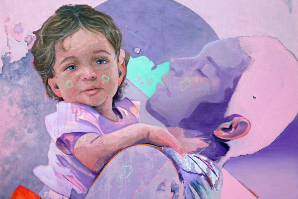 This painting depicts a child being held by her father and uses a combination of figurative, abstract elements and vibrant colours to suggest a dream like state.