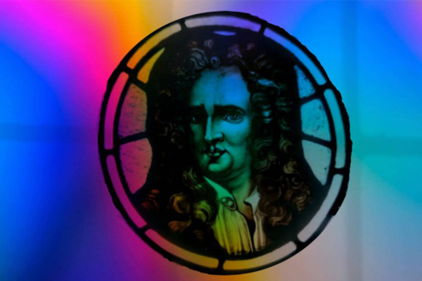 Issac Newton on a rainbow background.