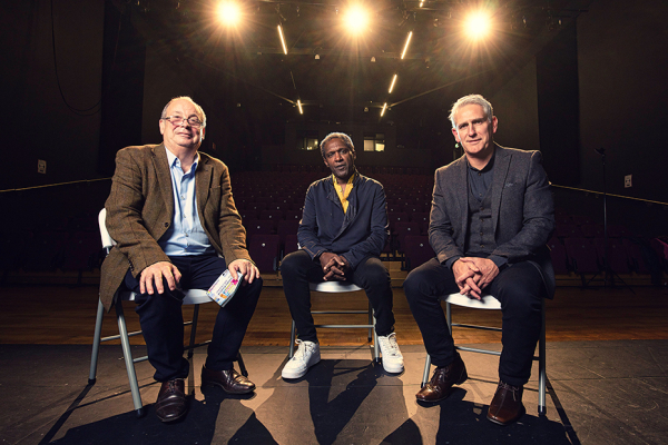 Ray Hall, Arts Council of Northern Ireland, Lemn Sissay and Iain Barr, Waterside Theatre on stage at the Waterside Theatre.