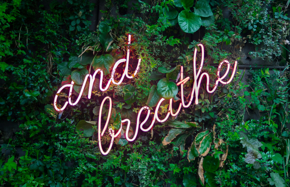 A pink neon sign with the words And Breathe in cursive lettering.
