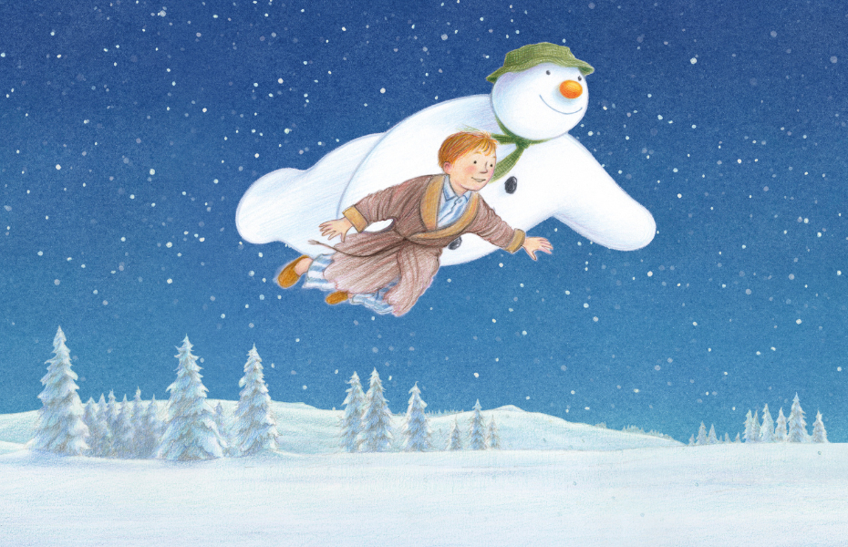 A cartoon of a young boy and a snowman flying over a snowy landscape.