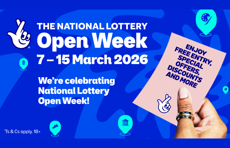 Blue image with the National Lottery logo, a hand holding a National Lottery ticket and the text 'We're celebrating National Lottery Open Week'