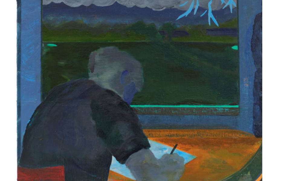 Oil painting of a person seated at a desk, infront of a window, writing or drawing.