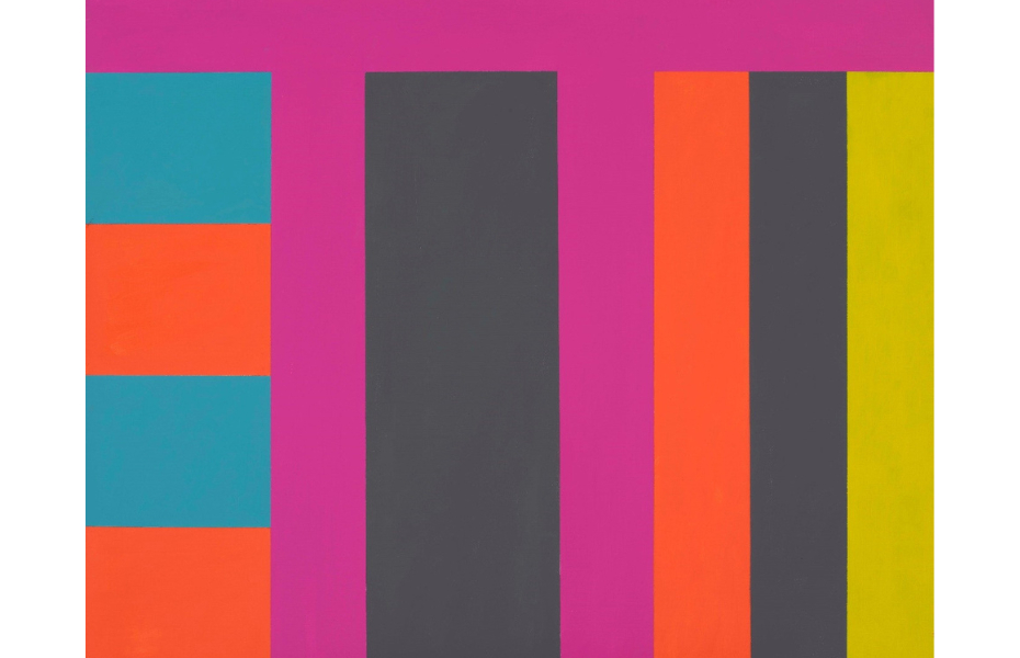 Flanagan's painting, consisting of square and rectangle shapes with contrasting, bright colours.