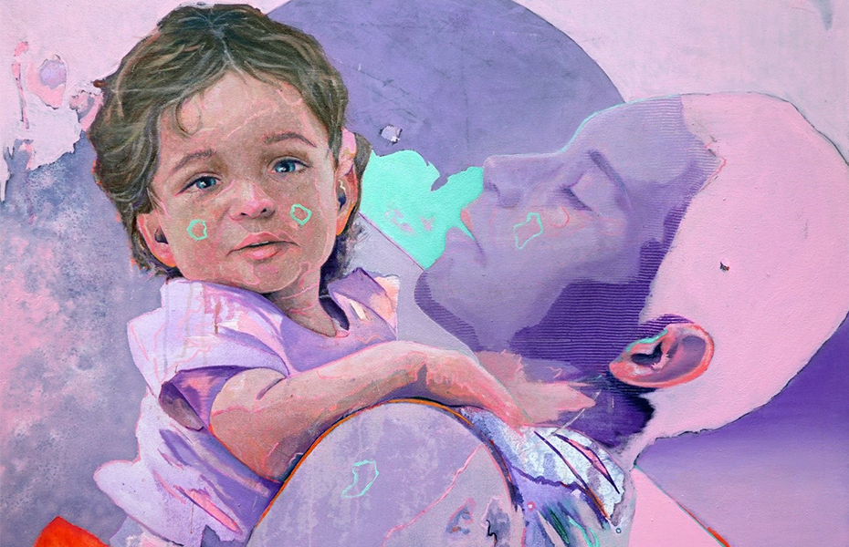 This painting depicts a child being held by her father and uses a combination of figurative, abstract elements and vibrant colours to suggest a dream like state.
