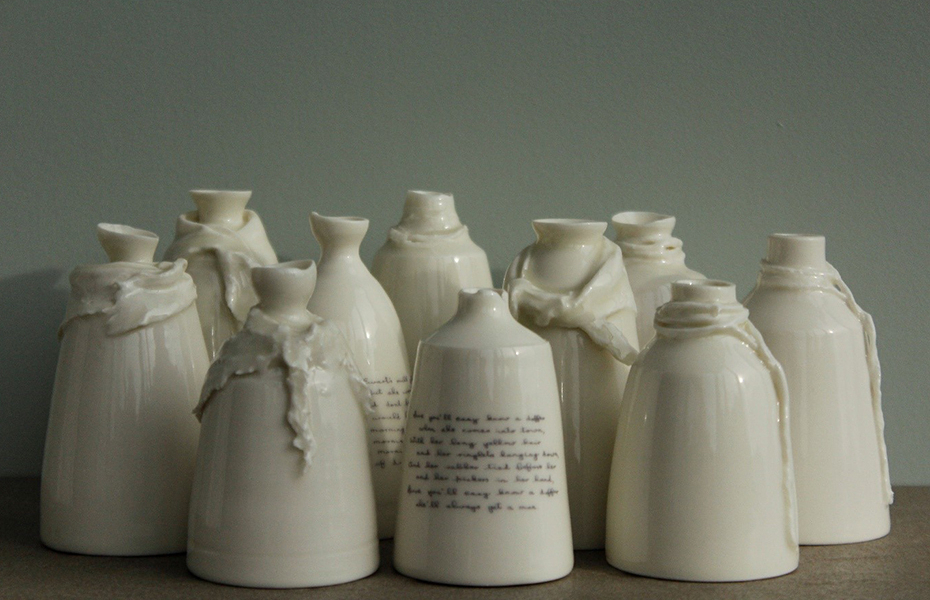 Ceramic scultpures by Anna Smyth who was artist of the month for April 2022. The work is entitled Linen Legacy and is part of the ACNI art collection.