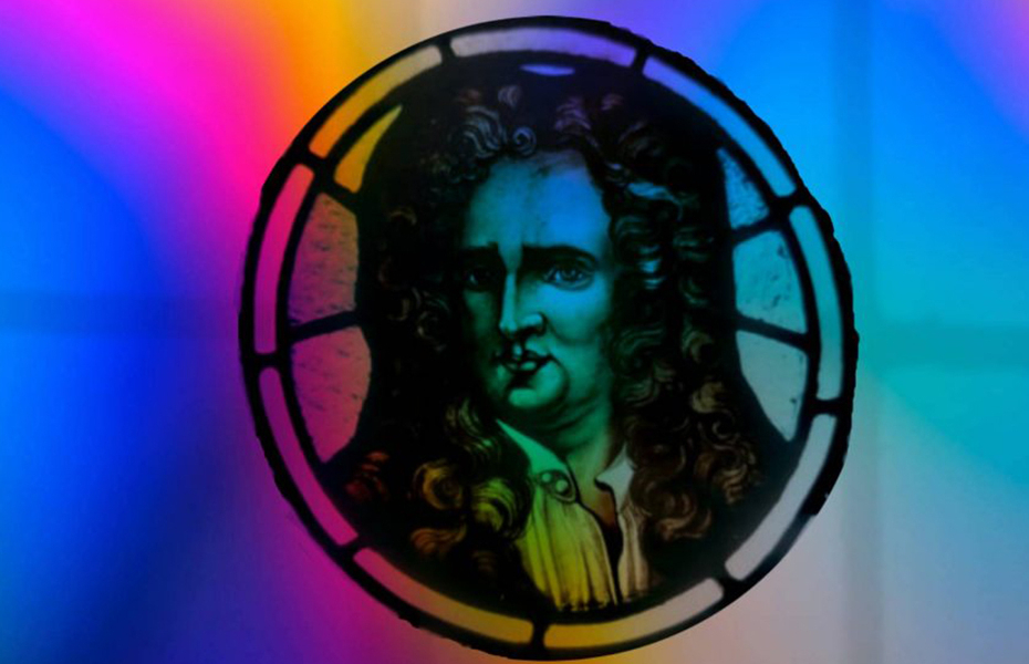 Issac Newton on a rainbow background.